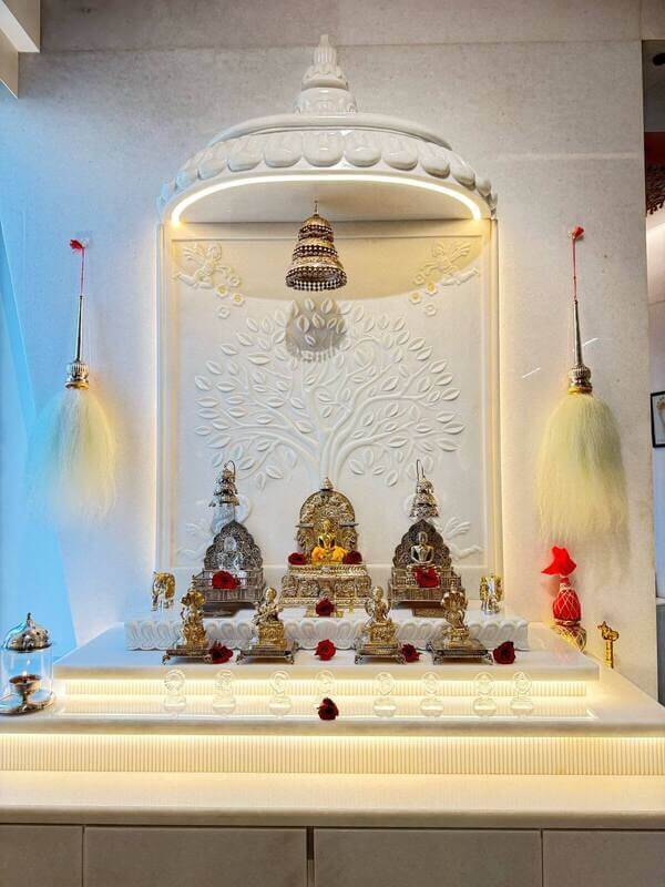 White Marble Home Temple - Luxury Ghar Mandir with Jain Bhagwan Moorti for Pooja Room